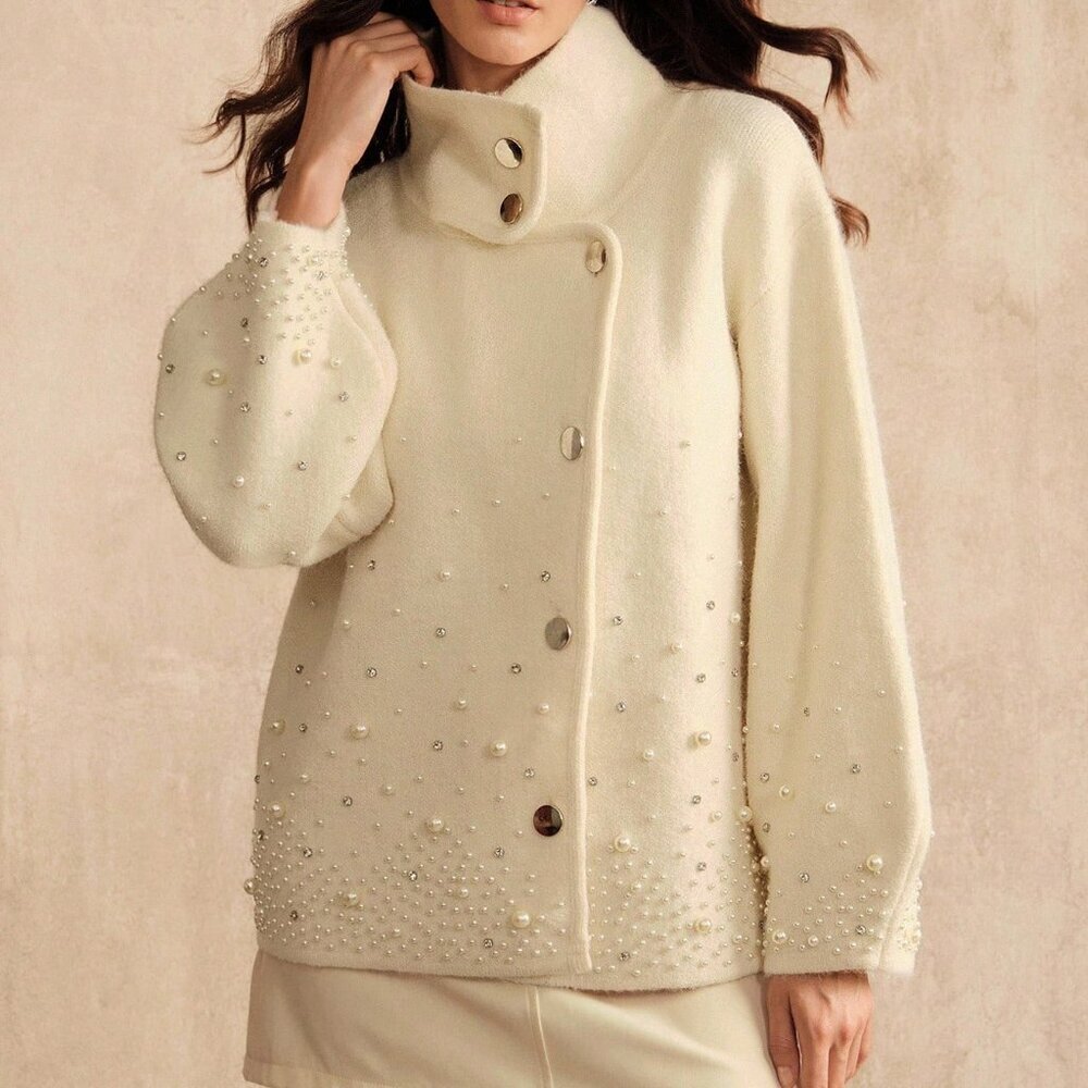 Cream Casual Women's Cardigan with Pearl & Rhinestone Details - Picture 7 of 11
